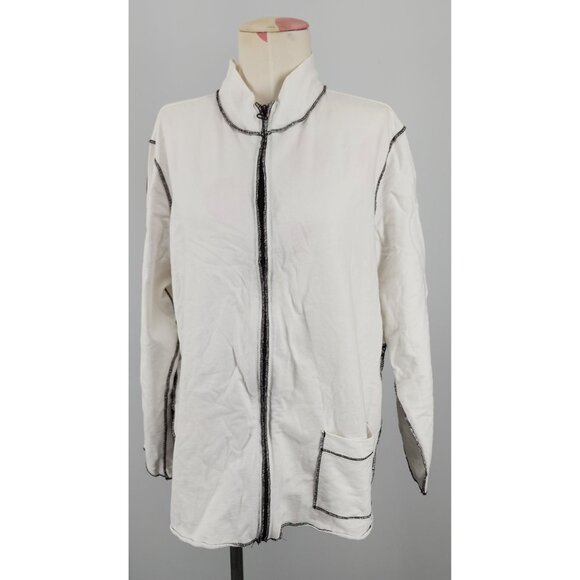 Women's Spa by Chico's Full Zip Jacket Size 2 White Brown Back Design Palm Tree - Picture 2 of 5